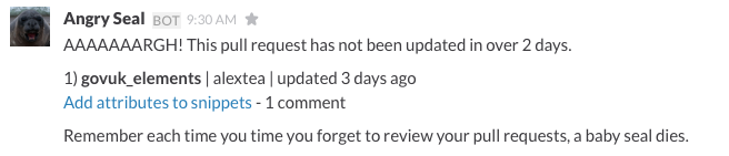 Angry Seal tells users that a pull request has not been updated in over 2 days