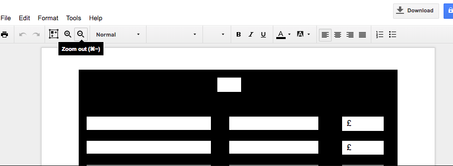 Screenshot of a closed document opened using software that does not support it. The text is blanked out and it is impossible to read