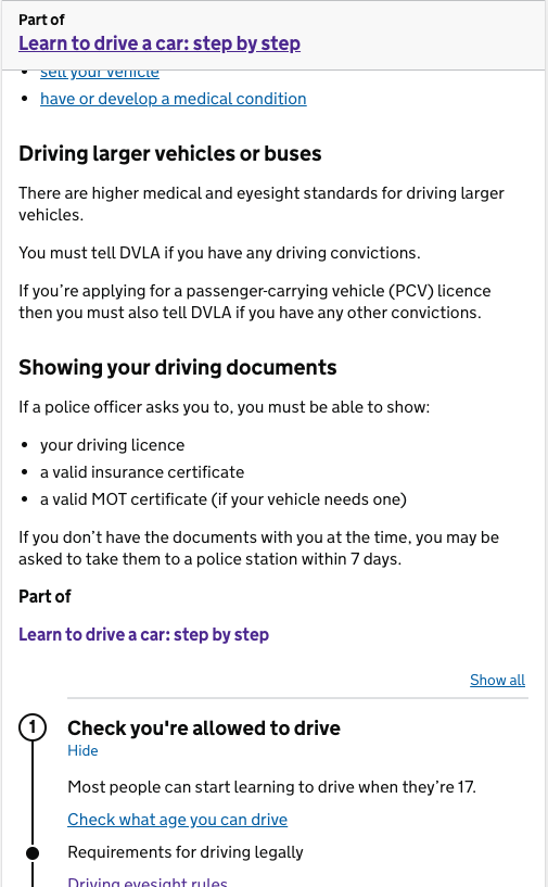 Screenshot of step by step instructions when learning to drive