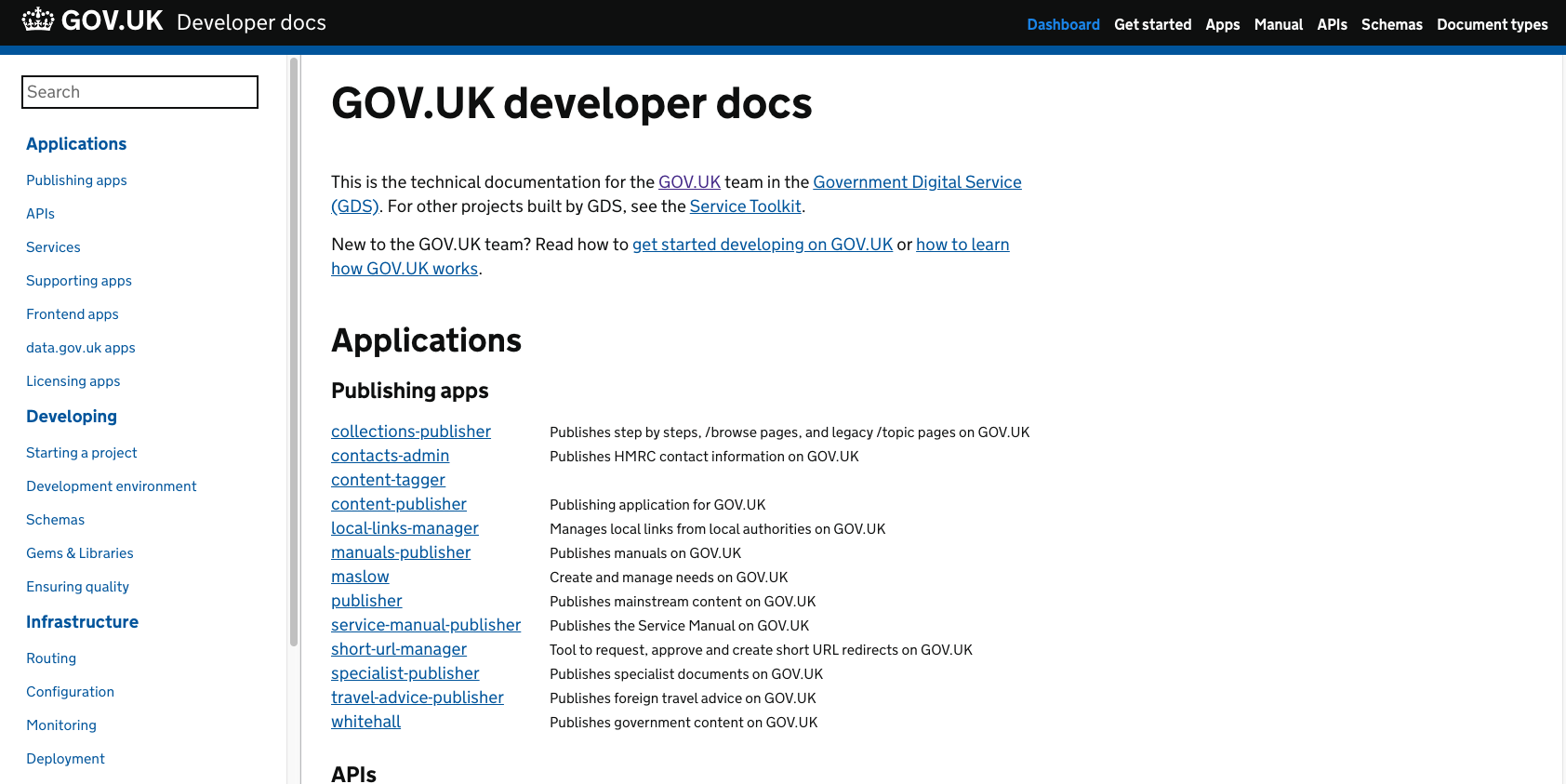 GOV.UK Developer docs screenshot