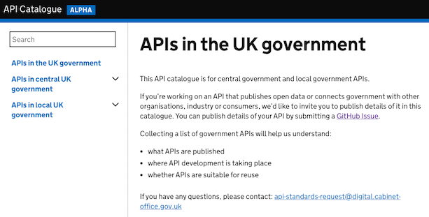 A screenshot showing the UK government API catalogue