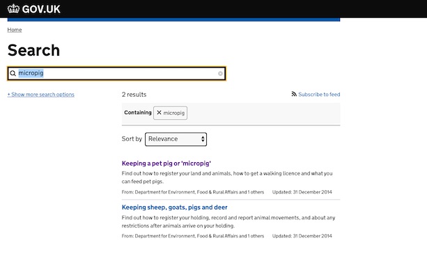 A screenshot of the search results for micropig on GOV.UK, sorted by relevance and showing the Keeping a pet pig or micropig guidance at the top