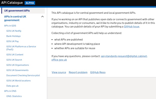 A screenshot of the UK government API catalogue