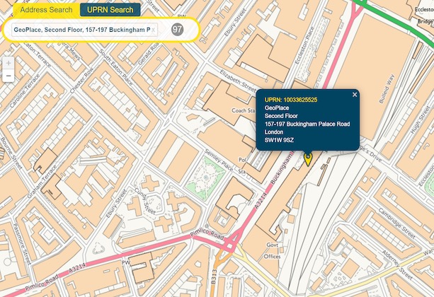 A screenshot showing the UPRN and location on a map of GeoPlace's office in central London