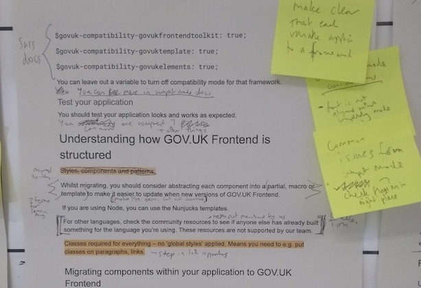 Post-its and notes describing improvements to the documentation identified during user research