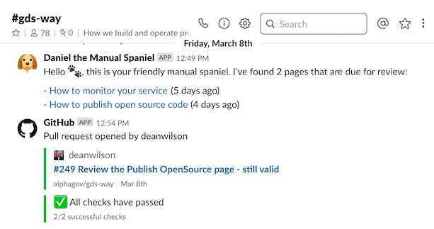 a screenshot of Daniel the Manual Spaniel showing 2 pages needing review and a GitHub pull request to update one of the pages