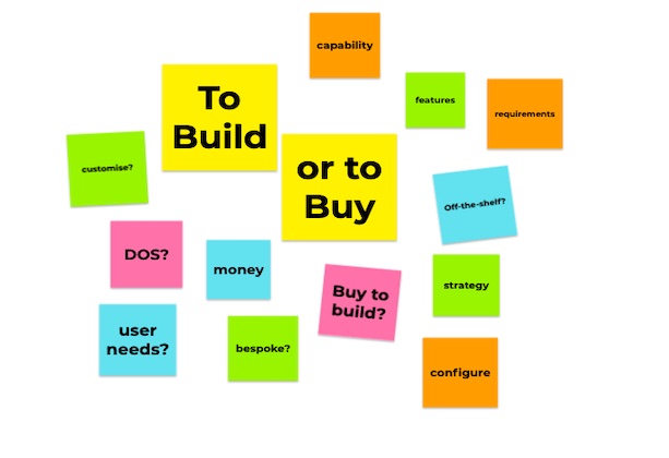 Post-it notes describing what to think about when deciding to buy or build technology