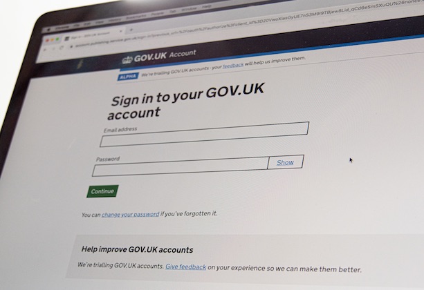 A laptop screen showing the sign-in page for a GOV.UK Account with the show password feature.