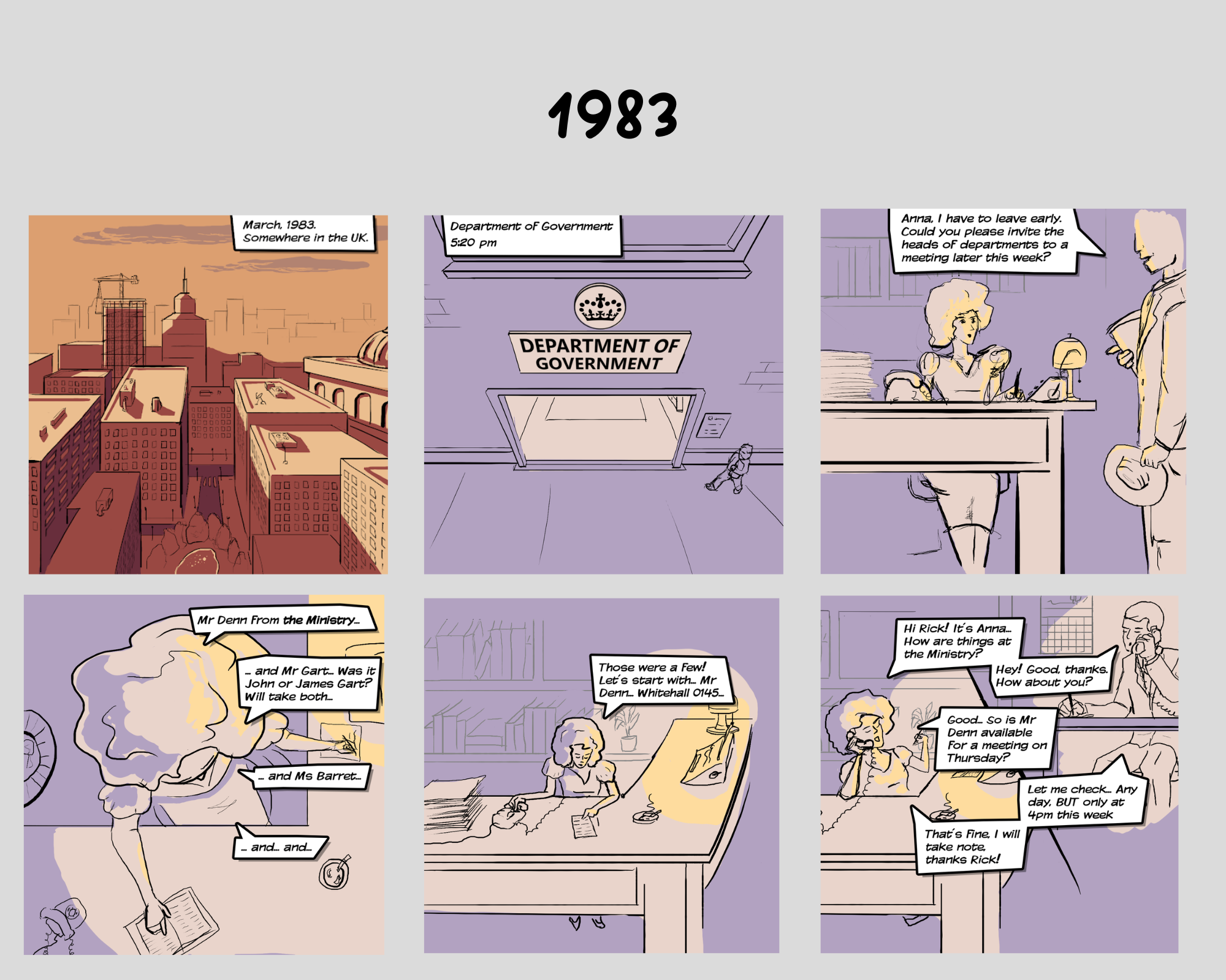 Comic strip 1 set in 1983, depicting animations of a personal assistant to a senior civil servant being asked to organise a meeting with heads of other departments in 1983. It also shows the personal assistant making phone calls to multiple private offices to look for availability.