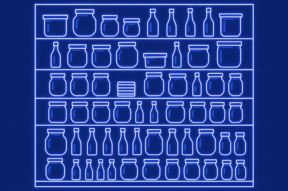 Neon-style illustration of five shelves filled with outline drawings of jars, bottles, and containers in various shapes and sizes, arranged in neat rows against a blue background.