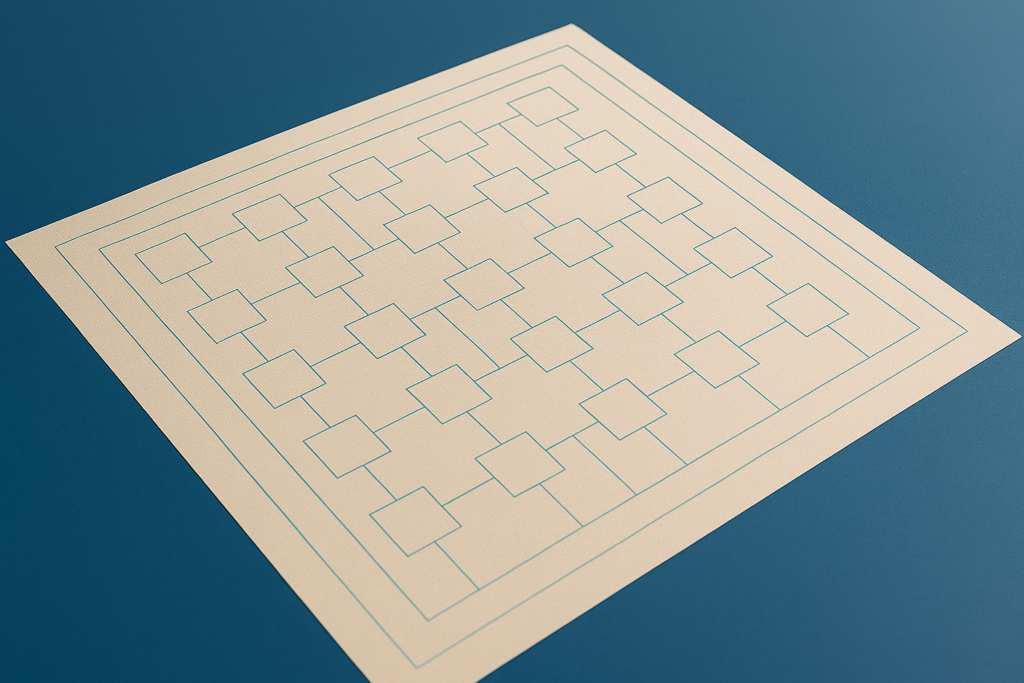 Grid of connected squares with blue lines on a beige textured background.