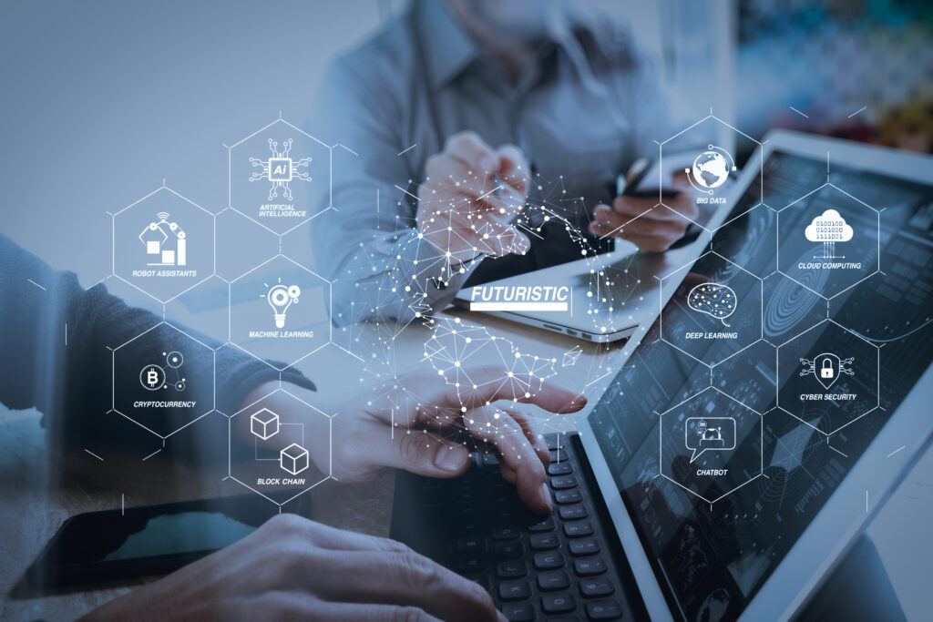 Futuristic in Industry 4.0 and business virtual diagram with Ai, robot assistant, Cloud, big data and automation. two colleague web designer discussing data and digital tablet docking keyboard.