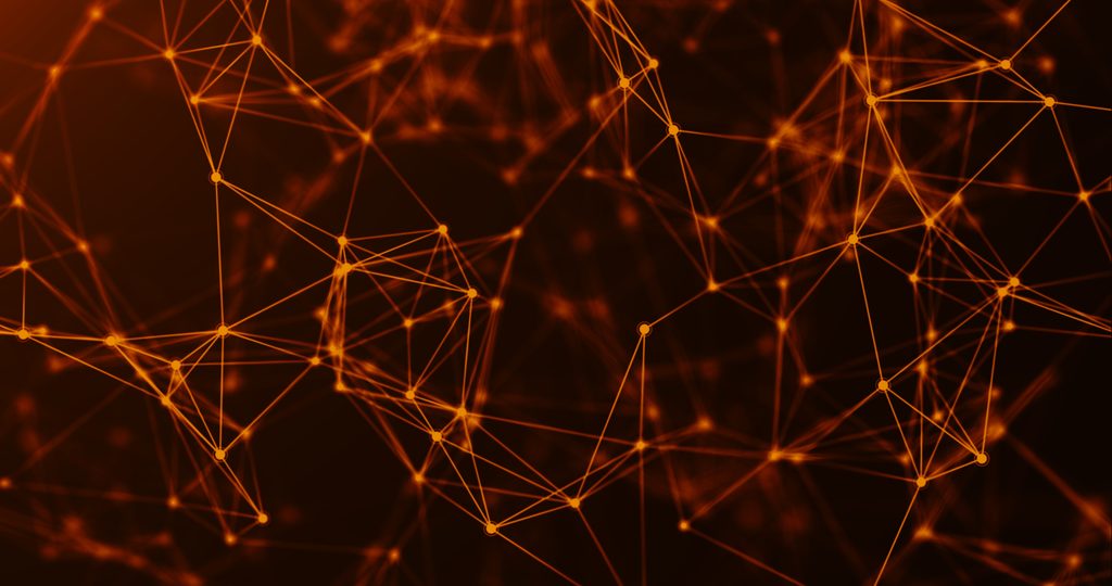 A dynamic web of interconnected orange lines creating a vibrant network pattern against a dark backdrop. this abstract design highlights connectivity and technology themes.